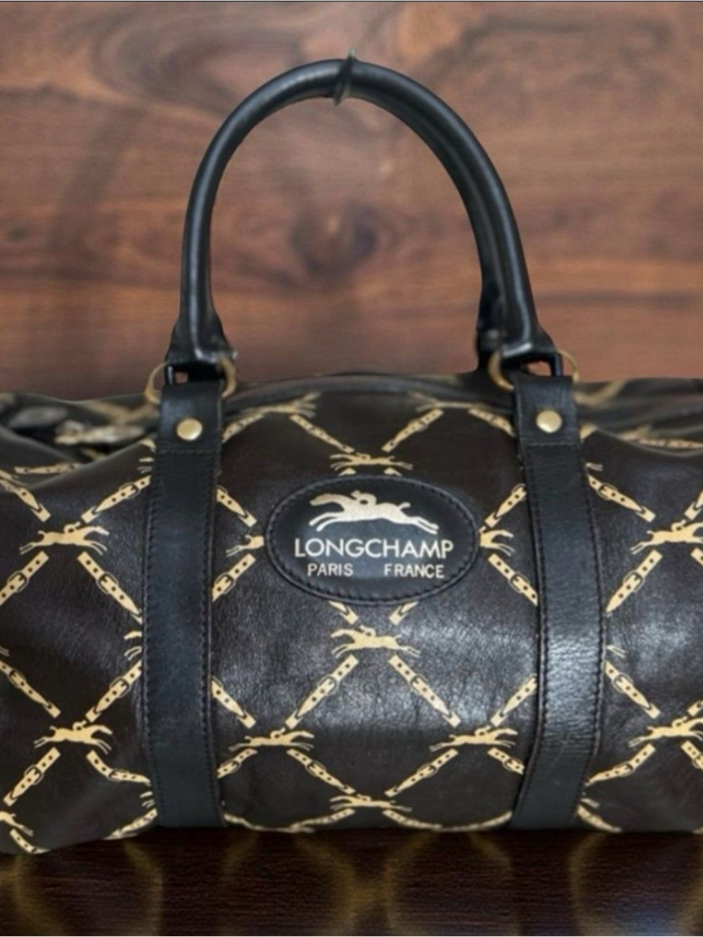 Longchamp Black Leather-Trim Shoulder Duffel with Gold Chain Print